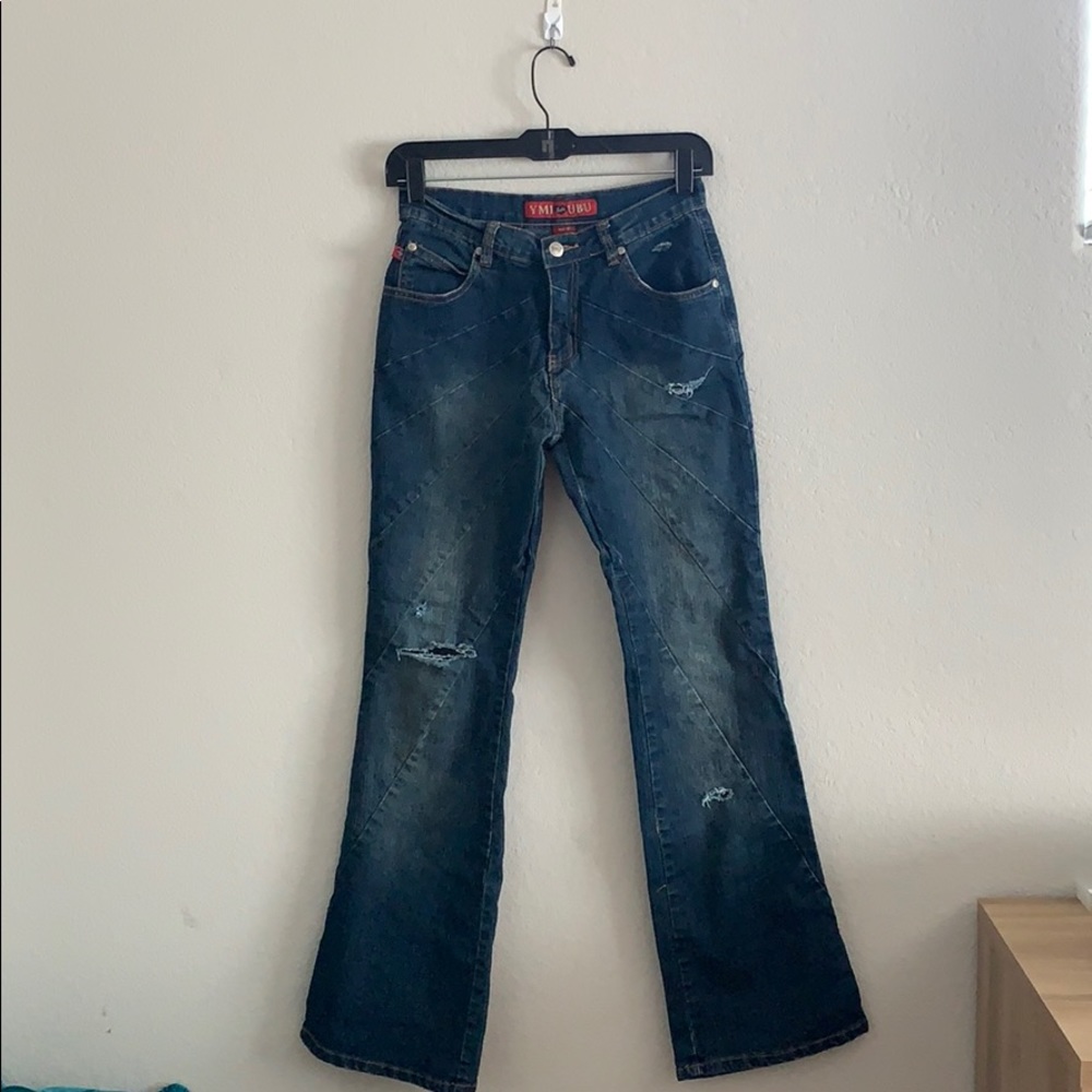 Dark blue flare ripped jeans